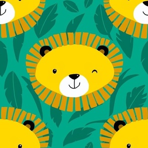Large - Cute Kids Baby Yellow Lion Heads on Jungle Green