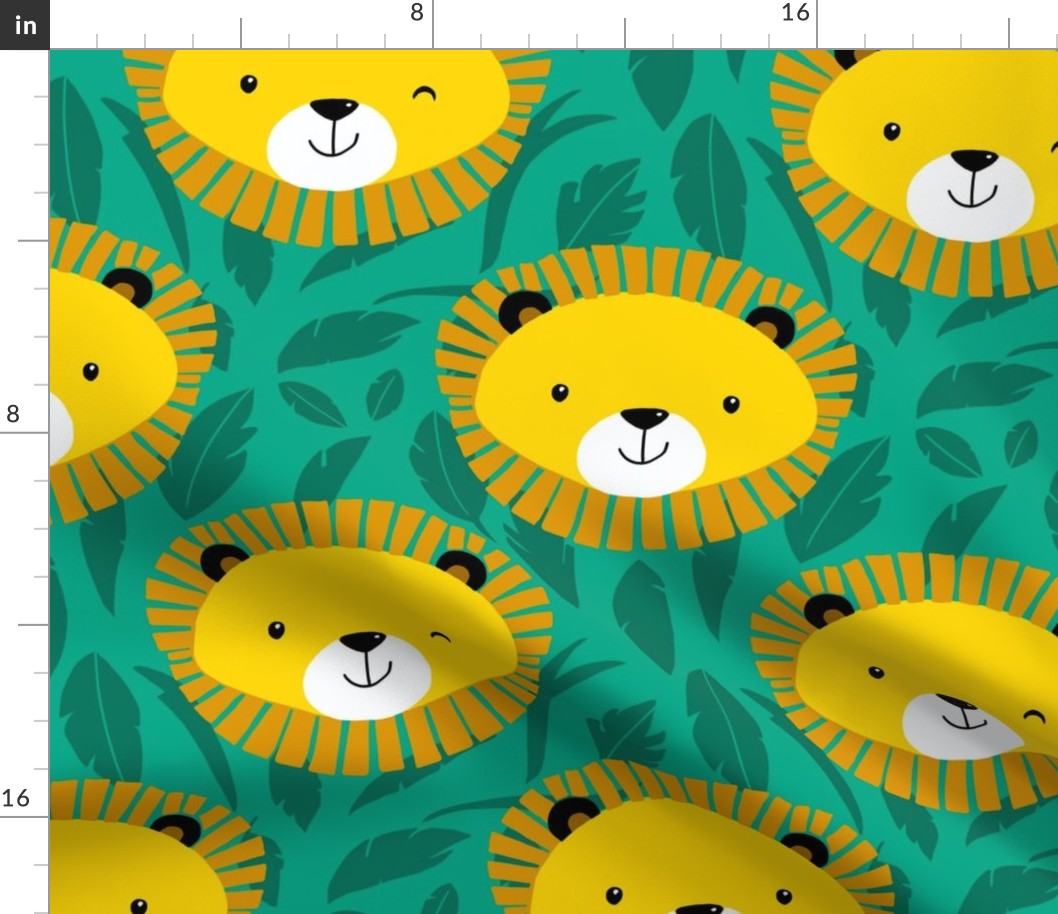 Large - Cute Kids Baby Yellow Lion Heads on Jungle Green