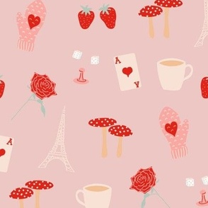 small love rose mushrooms eiffel tower coffee strawberries heart valentines day on pink