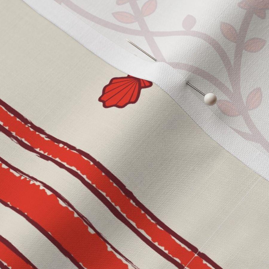 tomato and burgundy stem and cloud white thin wide thin stripes and cream background