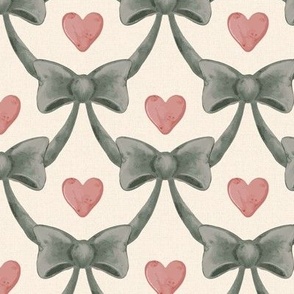 Grandmillennial Bow Scallop with Hearts - Green and Pink on Cream Linen