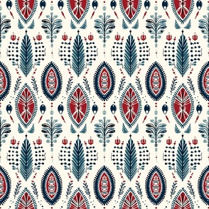 Folk Art Inspired Navy and Red Seamless Pattern