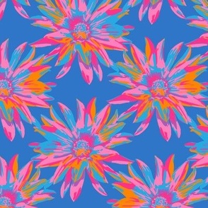 DAHLIA BURSTS Abstract Blooming Floral Summer Bright Flowers - Fuchsia Pink Purple Blue Orange on Royal Blue - SMALL Scale - UnBlink Studio by Jackie Tahara