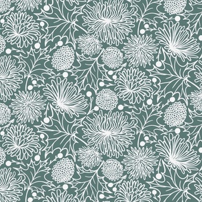 Monochrome Mums and Maple leaves seamless pattern for wallpaper and home textile.