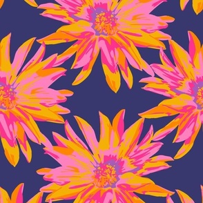 DAHLIA BURSTS Abstract Blooming Floral Summer Bright Flowers - Fuchsia Pink Yellow Purple on Dark Blue - MEDIUM Scale - UnBlink Studio by Jackie Tahara