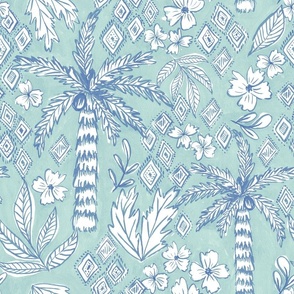 Tropical Dreams - LARGE SCALE - Palm tree Haven in Blue & Teal 