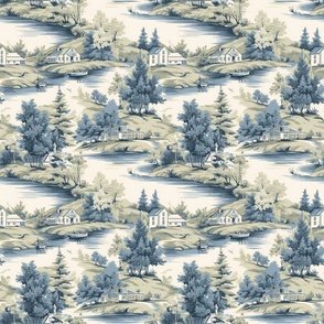 Tranquil Lakeside Retreat Toile Seamless Pattern