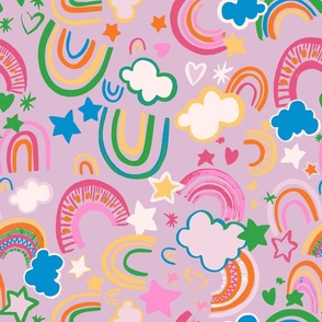 Rainbow Doodle Kids Textiles Conversational Print with Stars Clouds Love Hearts