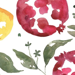 xl - Pomegranates and tangerins with leaves - watercolor pink and orange on white
