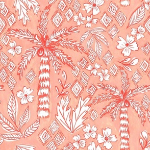 Tropical Dreams - LARGE SCALE- Palm tree Haven in peach fuzz & red