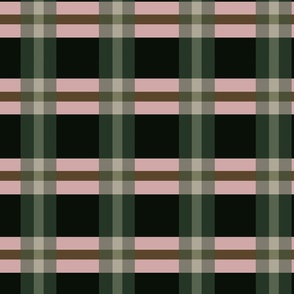 Plaid Check- Pink , Greenand brown on Black background