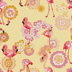 Flamingos and Flowers On Yellow