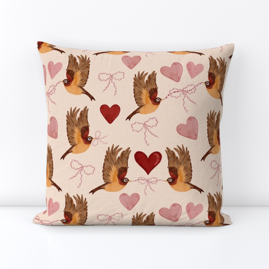 Robins with Bows and Hearts on Linen // Medium