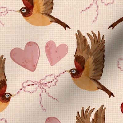 Robins with Bows and Hearts on Linen // Medium