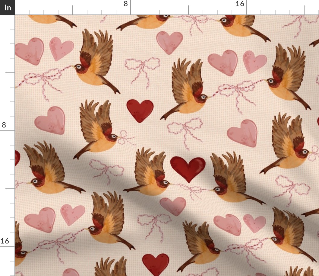 Robins with Bows and Hearts on Linen // Medium