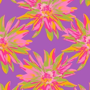 DAHLIA BURSTS Abstract Blooming Floral Summer Bright Flowers - Fuchsia Pink Yellow Lime Green on Violet Purple - MEDIUM Scale - UnBlink Studio by Jackie Tahara