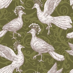 Victoria Crowned Pigeons Woodcut in Vanilla on Dark Sage Green Flourishes - Large Scale