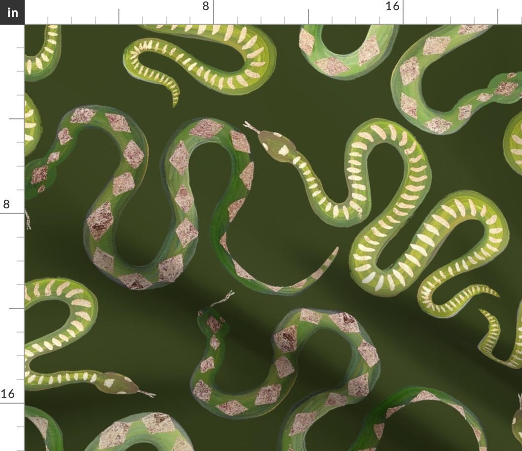 Large Green and Gold Leaf Snakes on Forest Green