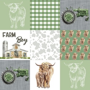 Highland Cows on Green Linen Patchwork Layout