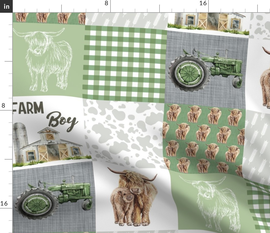 Highland Cows on Green Linen Patchwork Layout