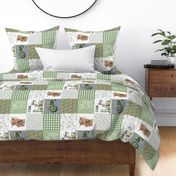 Highland Cows on Green Linen Patchwork Layout Rotated
