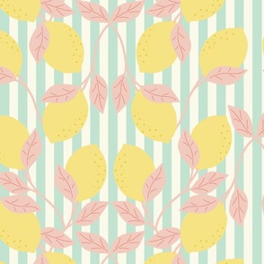 Lovely Lemons - yellow and pink on mint and cream stripe