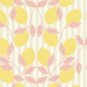 Lovely Lemons - yellow and pink on beige and cream stripe