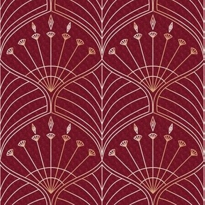 Art Deco Peacock Feather Ogee in Gold Ombre on Textured Burgundy - Coordinate