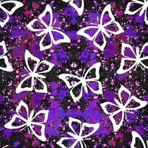 White Butterflies Over Purple Pink Splashes On Black