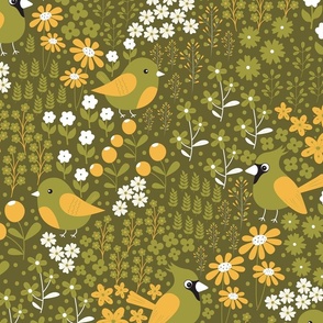 Birds and Blooms - Dark Olive Green - Cardinal - Florals - Flowers - Nature - Yellow - Spring - Summer - Garden - Botanicals