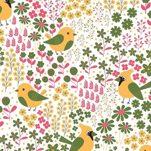 Birds and Blooms - Green, Yellow and Pink - Cardinal - Florals - Flowers - Fuchsia - Nature - Spring - Summer - Garden - Botanicals