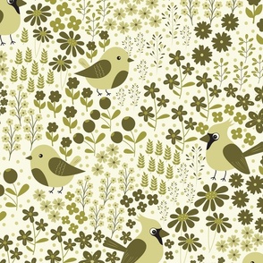 Birds and Blooms - Monochromatic Green - Cardinal - Florals - Flowers - Olive Green - Nature - Spring - Summer - Garden - Botanicals