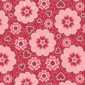 Valentines Heart Strings Hearts Aflutter Floral Pink and Red on Textural Red Background - 5 inch repeat