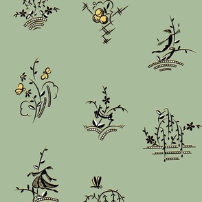 Art Deco Leaping Figures and Weeping Willows Sage Green with Yellow Accents