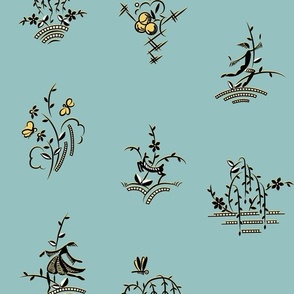 Art Deco Leaping Figures and Weeping Willows Sky Blue with Yellow Accents