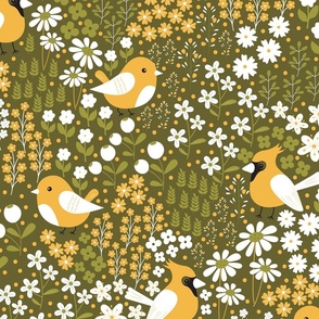 Birds and Blooms - Moss Green and Yellow - Olive Green - Cardinal - Florals - Flowers - Nature - Spring - Summer - Garden - Botanicals