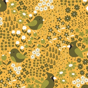 Birds and Blooms - Moss Green with Yellow Background - Olive Green - Cardinal - Florals - Flowers - Nature - Spring - Summer - Garden - Botanicals
