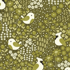 Birds and Blooms - Moss Green - Olive Green - Cardinal - Monochromatic - Florals - Flowers - Nature - Spring - Summer - Garden - Botanicals
