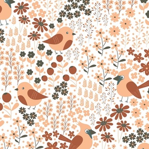 Birds and Blooms - Peach and Brown - Cardinal - Florals - Flowers - Nature - Pantone 2024 - Peach Fuzz - Spring - Summer - Garden - Botanicals