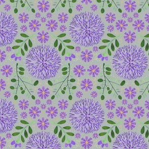 Periwinkle Garden Damask // Purple, Green, and Gold on Light Blue