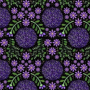 Periwinkle Garden Damask // Purple, Green, and Gold on Black 