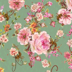 Bonita Flowers and Bees -Pistachio