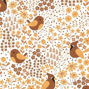 Birds and Blooms - Tangerine and Brown - Earth Colors - Earth Tones - Monochromatic - Cardinal - Florals - Flowers - Nature - Spring - Summer - Garden - Botanicals