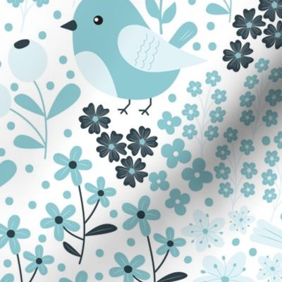 Birds and Blooms - Teal and Soft Sky Blue - Monochromatic - Coastal - Seaside - Cardinal - Florals - Flowers - Nature - Summer - Garden - Botanicals