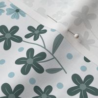 Birds and Blooms - Teal with Off-White Background - Monochromatic - Coastal - Seaside - Cardinal - Florals - Flowers - Nature - Summer - Garden - Botanicals