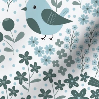 Birds and Blooms - Teal with Off-White Background - Monochromatic - Coastal - Seaside - Cardinal - Florals - Flowers - Nature - Summer - Garden - Botanicals