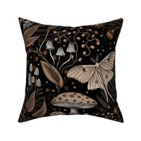 Luna moth starlight mushrooms magical woodland forest in brown with flowers and ferns, large scale