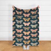 Moody Multi Colored Hand Drawn Butterflies - (LARGE) - Multi on Dark Blue Background