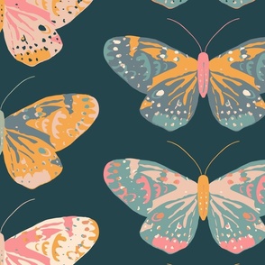 Moody Multi Colored Hand Drawn Butterflies - (LARGE) - Multi on Dark Blue Background