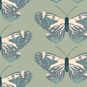 Moody Multi Colored Hand Drawn Butterflies - (LARGE) Green Background